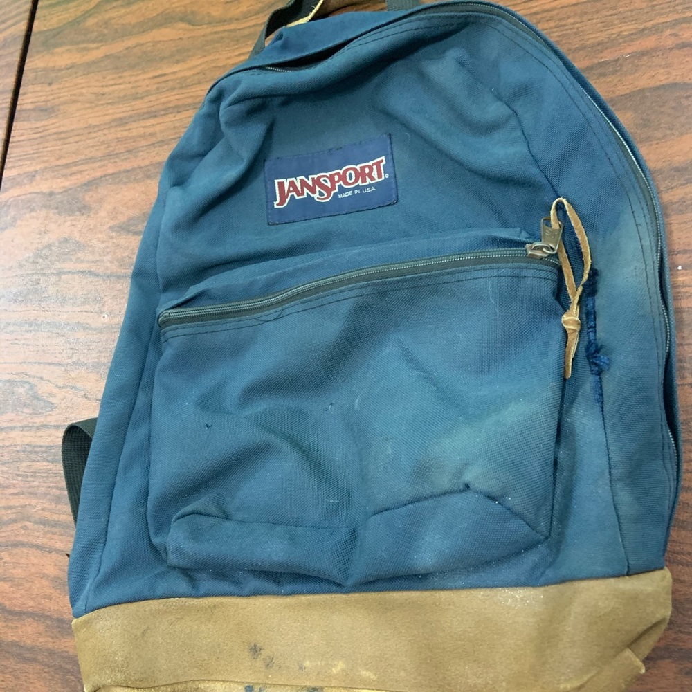 Vtg 90s JANSPORT Blue Leather Bottom BACKPACK